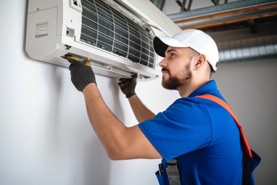 HVAC technician installing a mini split air conditioner in Irvine