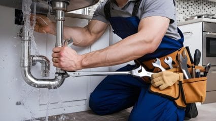 Plumber repairing pipes beneath a sink in Irvine